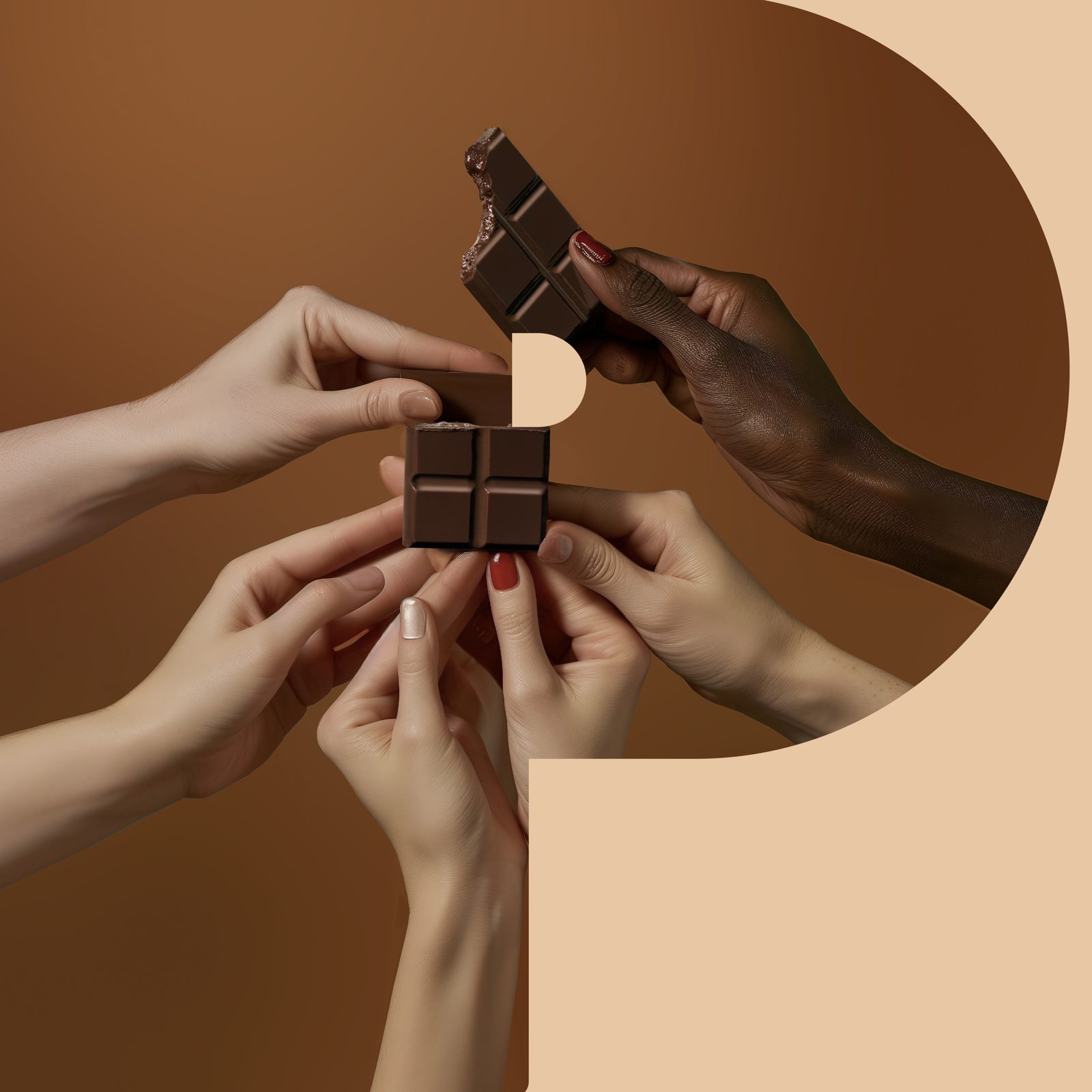 Hands sharing chocolate inside a letter P