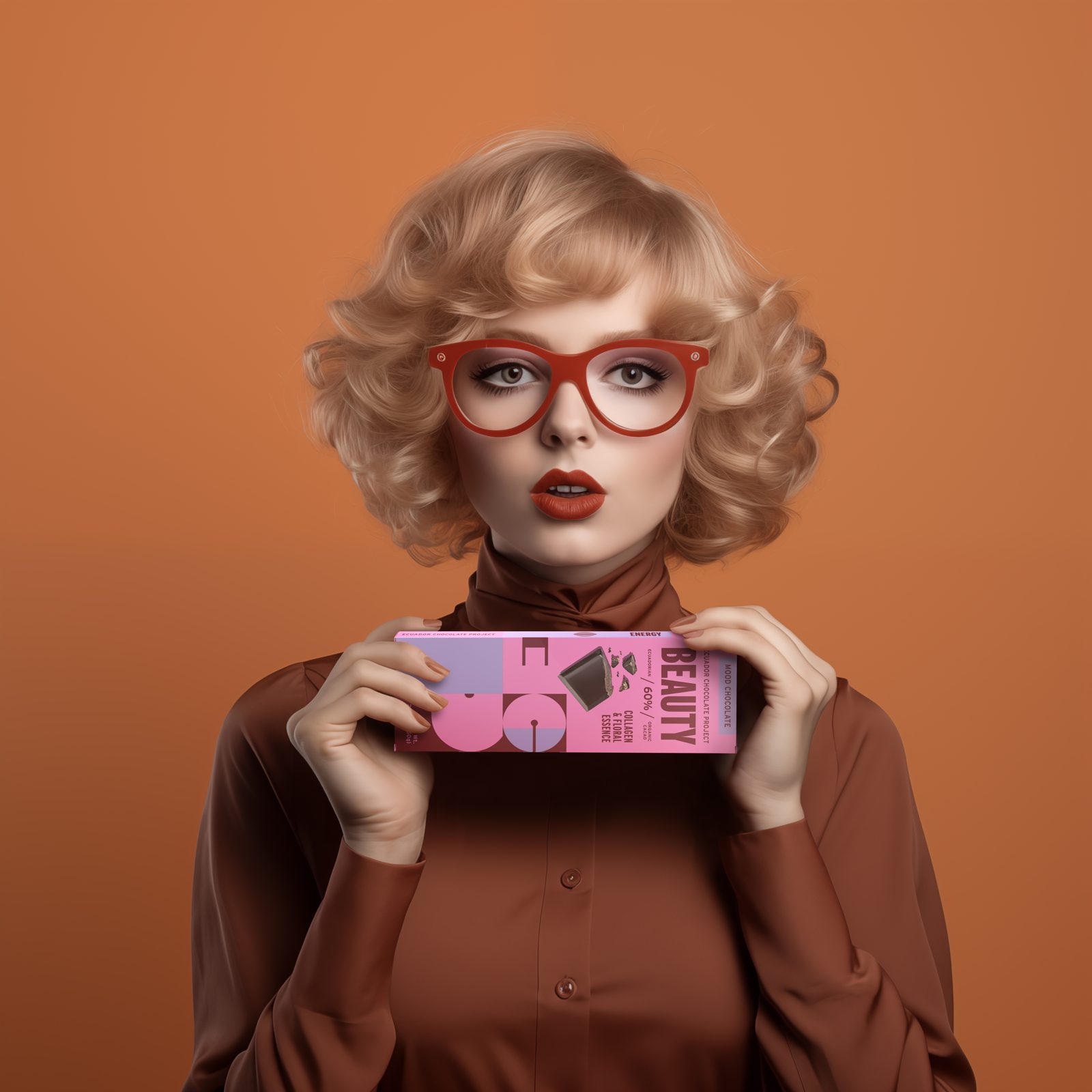 Woman in red glasses holding the Beauty bar