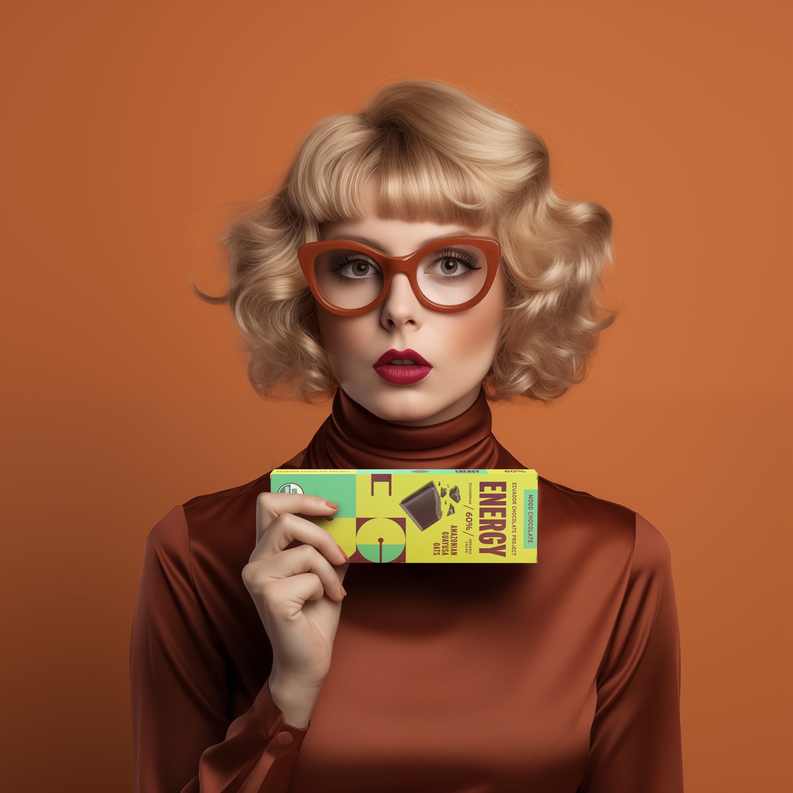 Woman in red glasses holding the Energy bar