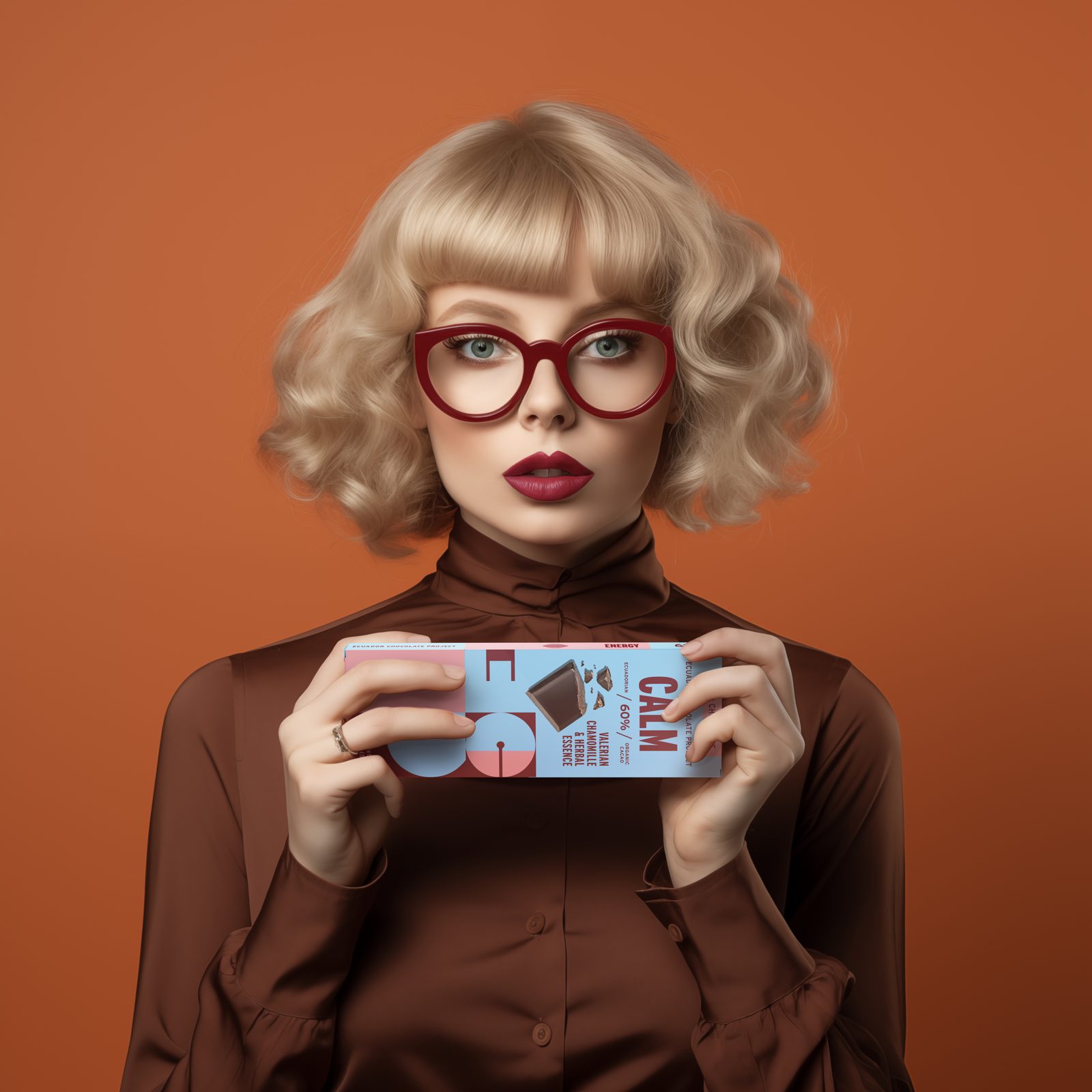 Woman in red glasses holding the Calm bar