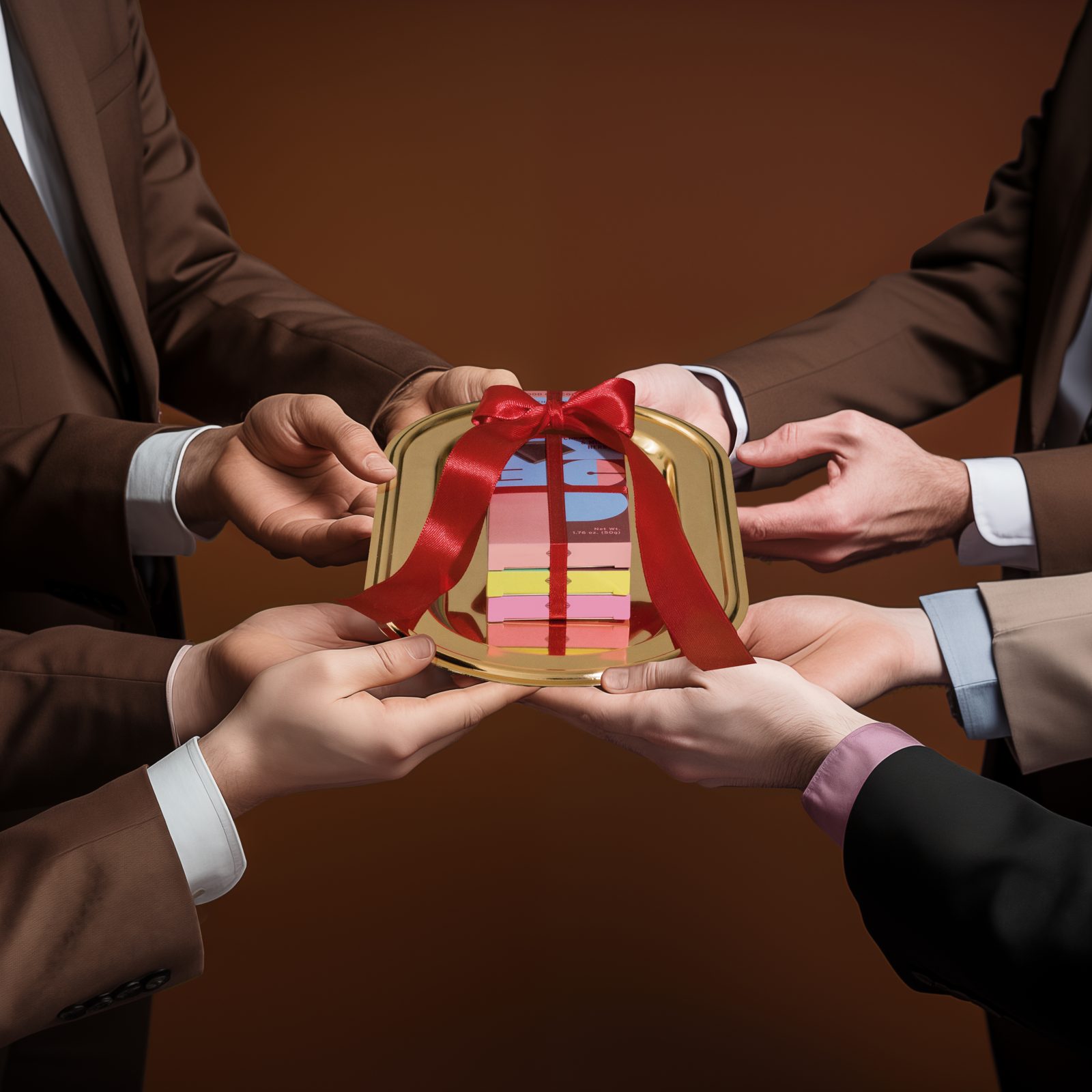 Hands passing a wrapped gift of chocolate