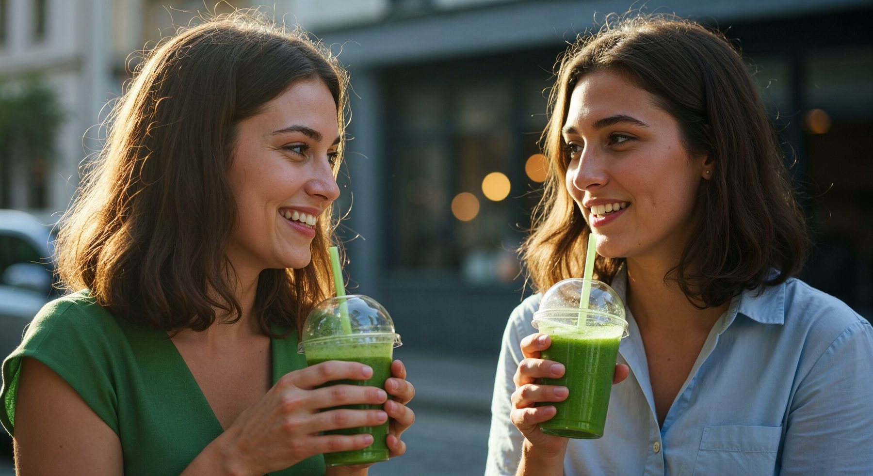 Two friends drinking green smoothies outdoors
