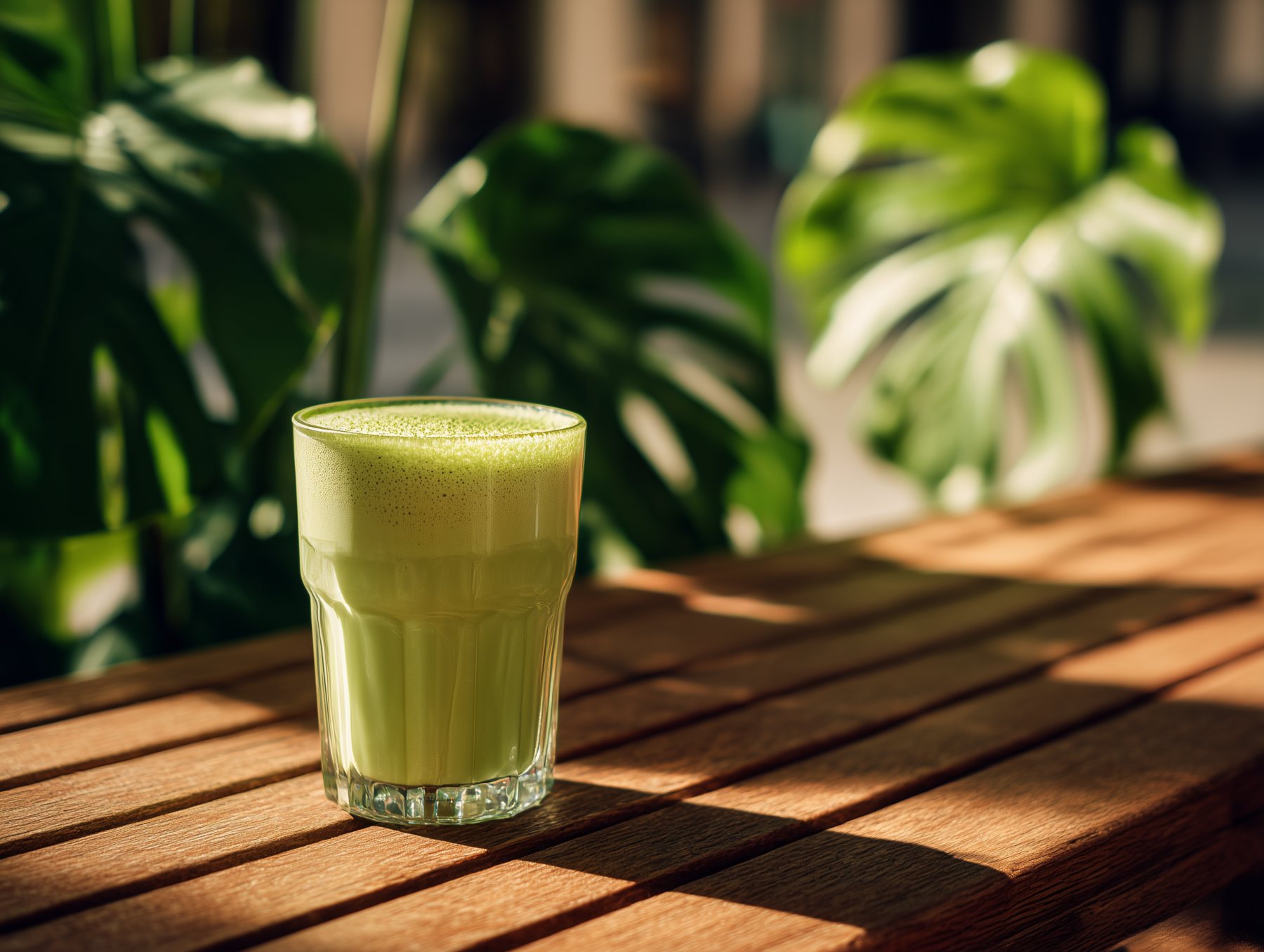 Matcha latte on a wooden table