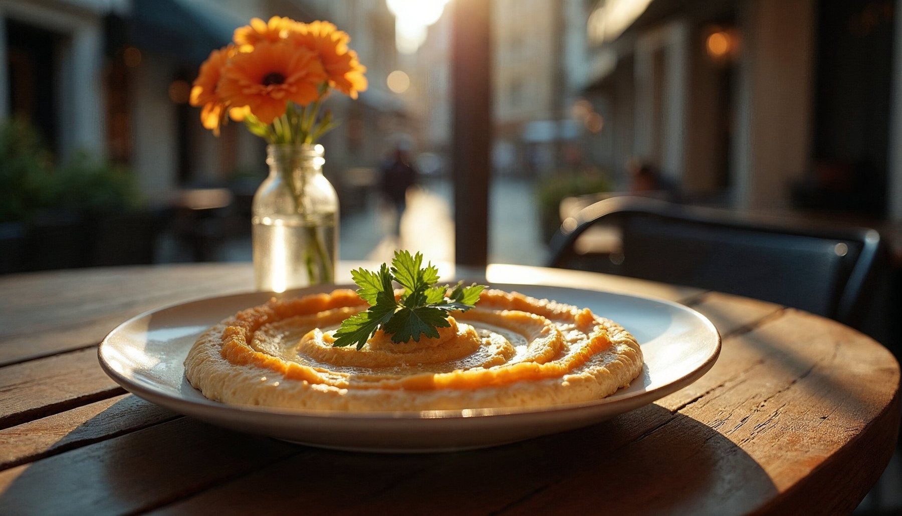 Hummus plate on a wooden table in the sun