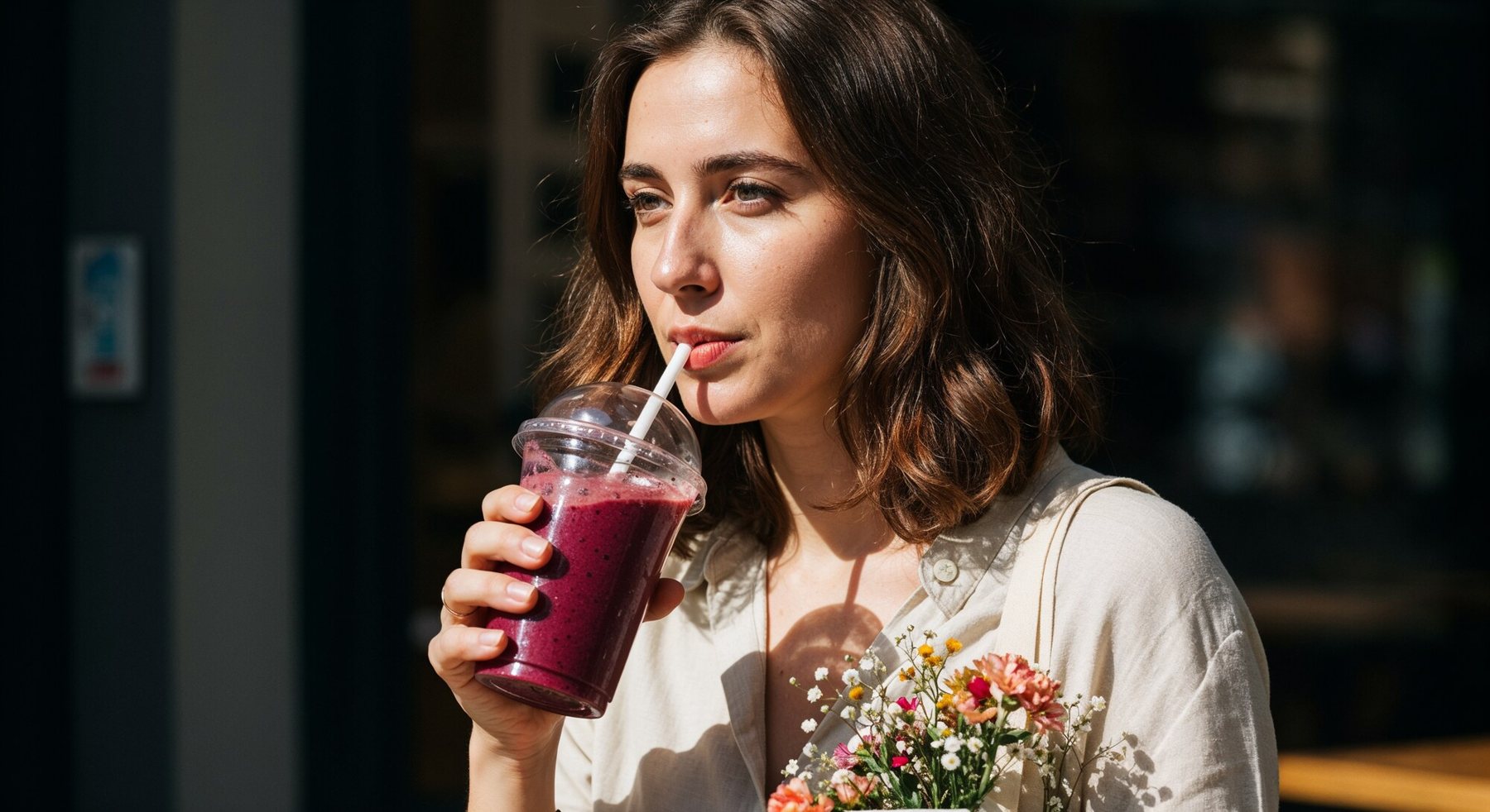 Woman drinking a berry smoothie