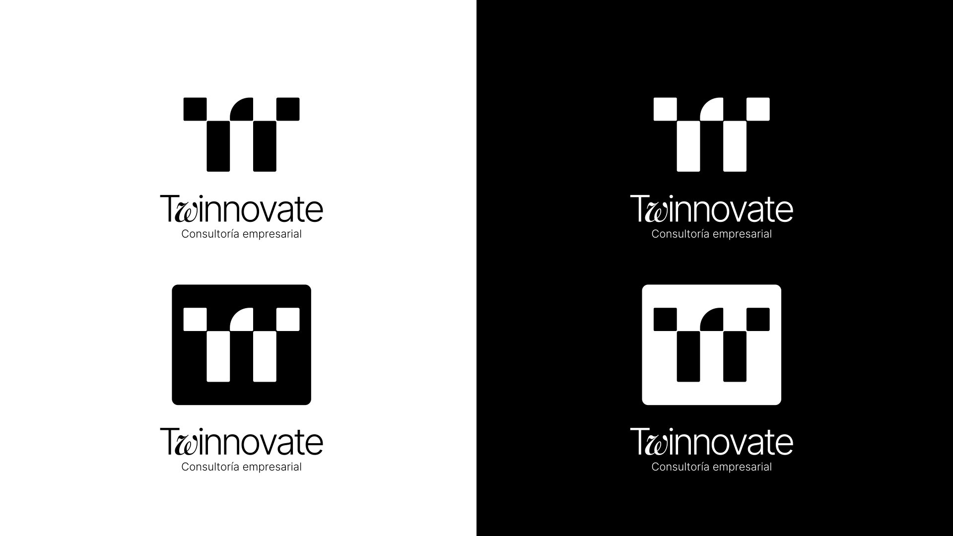 Twinnovate logos in one color, on white and black